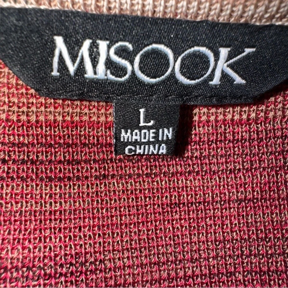 Misook Geometric Open Front Knit Cardigan Pink Tan Brown Size Large NWOT